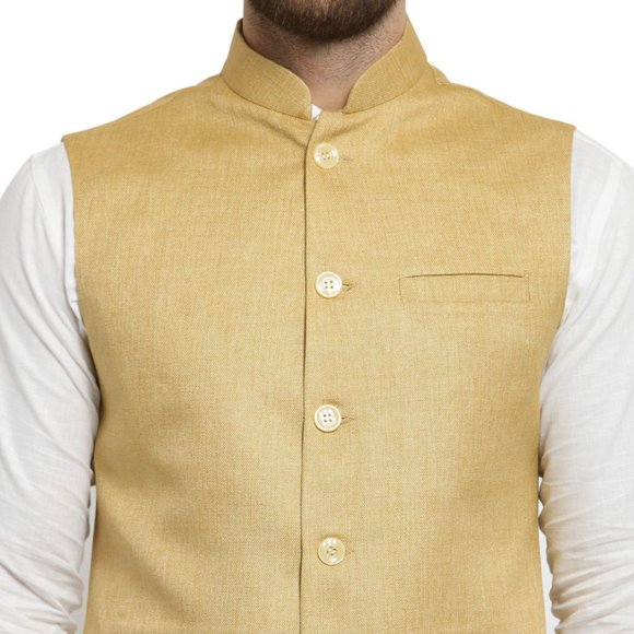 Sleeveless Traditional Jute Fabric Mustard Yellow Nehru Jacket by Treemoda - Picture 4 of 5